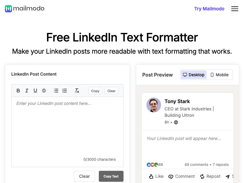 Free LinkedIn Text Formatter
