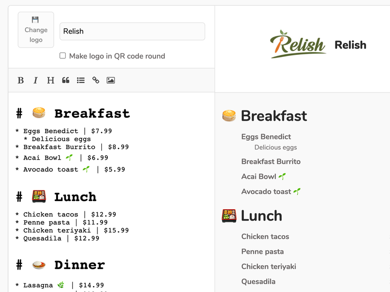 QR Menu Creator Screenshot
